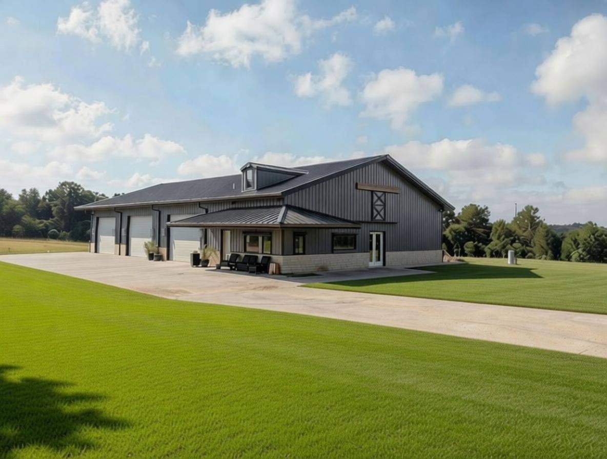 Architectural rendering of a Wonderview Home Services residential barndominium in Navasota, TX with modern landscaping.-optimized