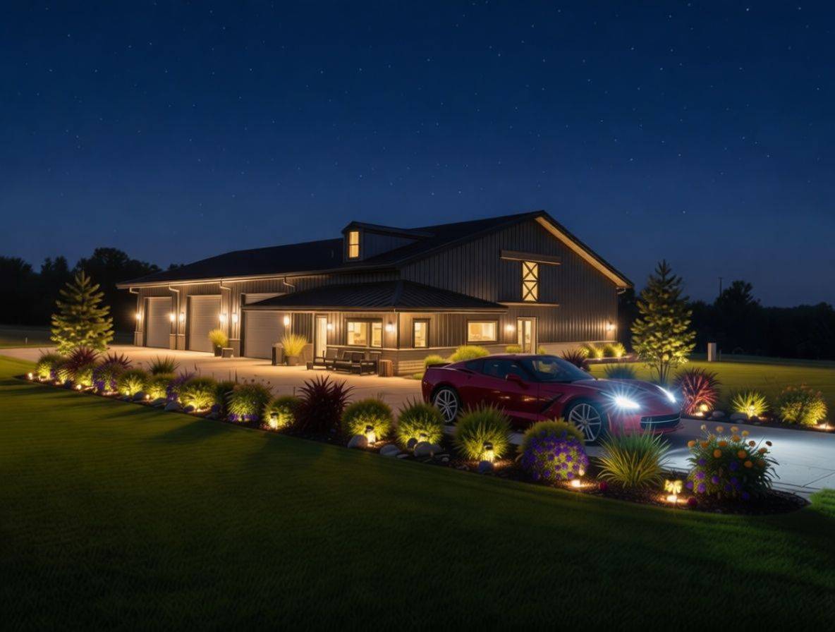 Nighttime architectural rendering of a Wonderview Home Services residential barndominium in Navasota, TX with landscape lighting-optimized