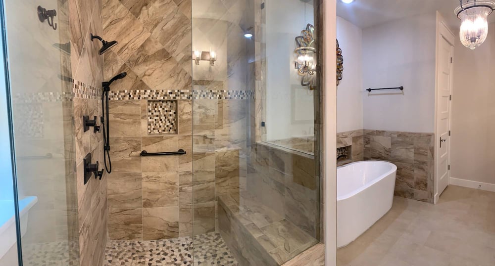 Luxury bathroom in a Wonderview Home Services residential new construction home in Magnolia, TX with walk-in shower and soaking -optimized