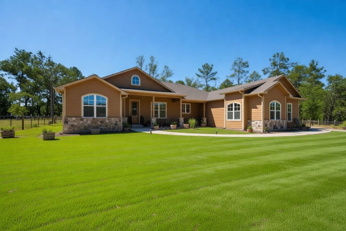 Front exterior of a custom residential home by Wonderview Home Services with manicured lawn in Magnolia, TX.-optimized