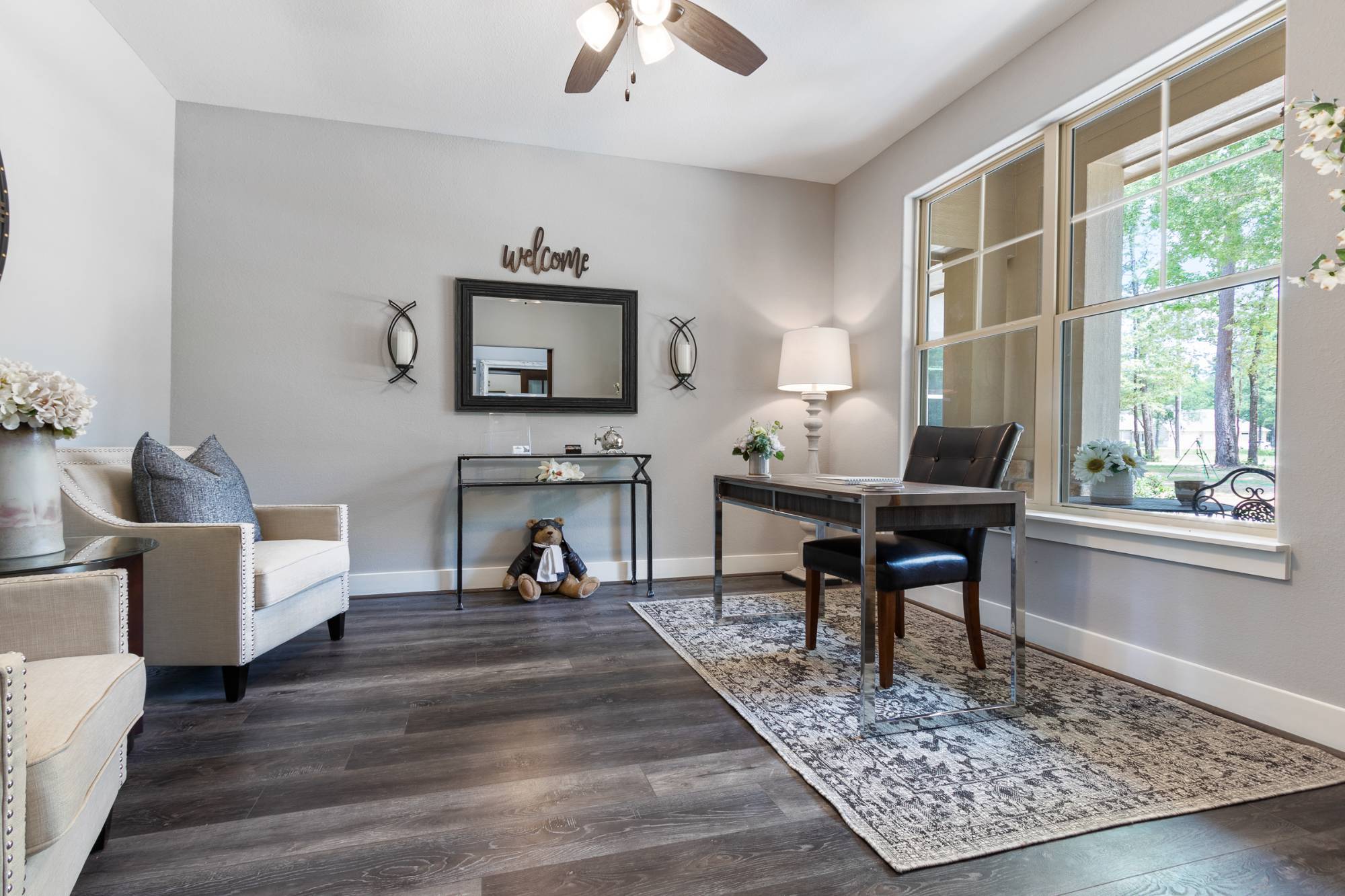 Modern home office with large windows and contemporary finishes in a residential new construction by Wonderview Home Services in-optimized