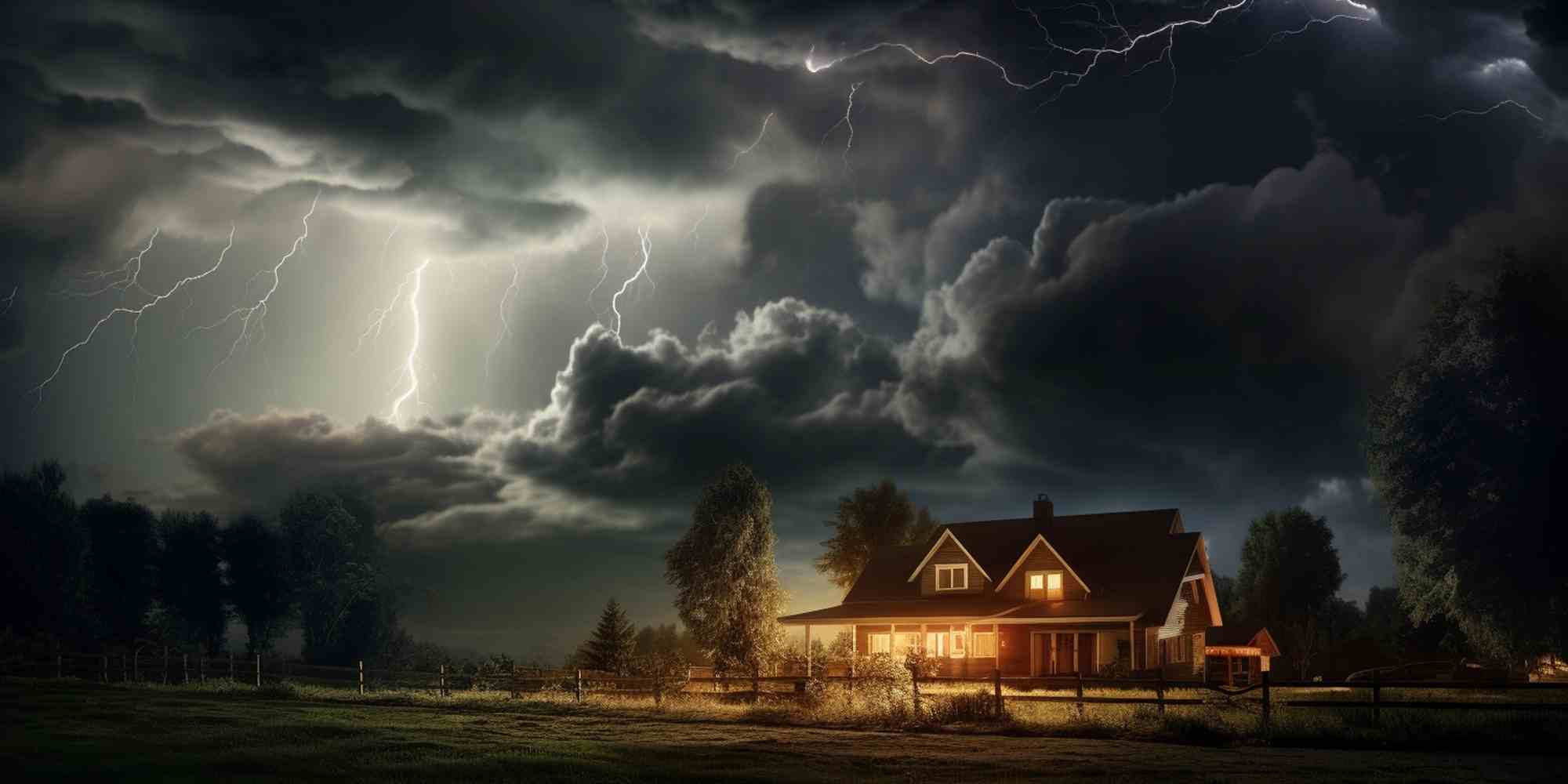 Stock image of a home with a thunderstorm overhead